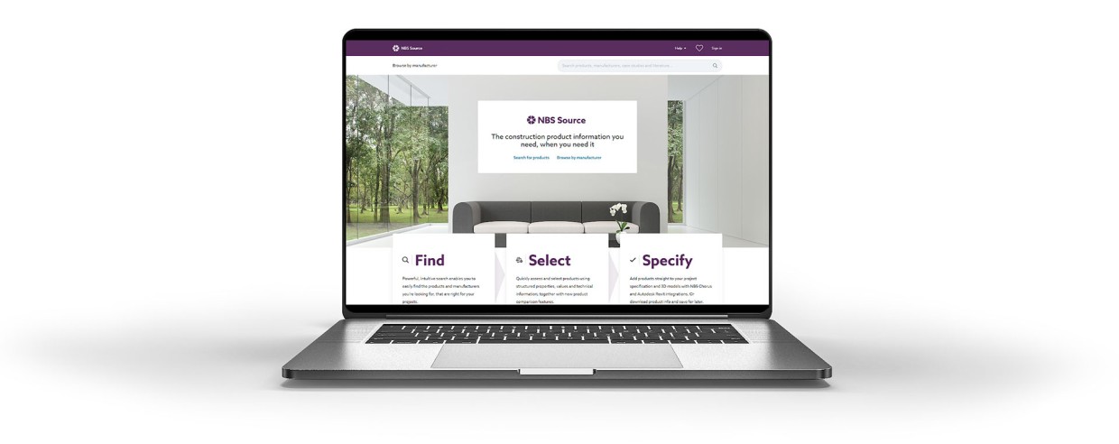 NBS Source - The Future of Construction Product Information being displayed on a laptop