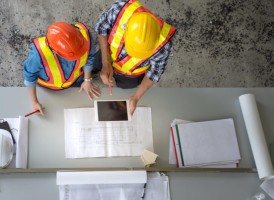 Two people viewing documents wearing safety hats