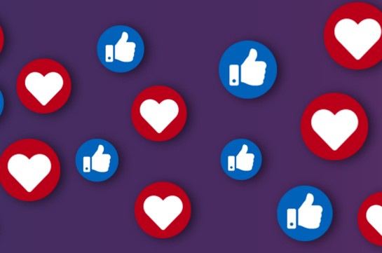 Hearts and Thumb icons on a purple background